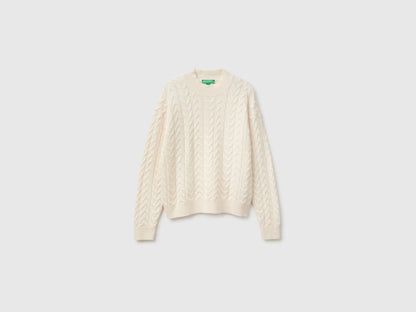 Benetton Creamy White Women Turtleneck Jumper with Cable Knit in a Wool and Cashmere Blend SKU: 1S9ZD204W_000 Image 01