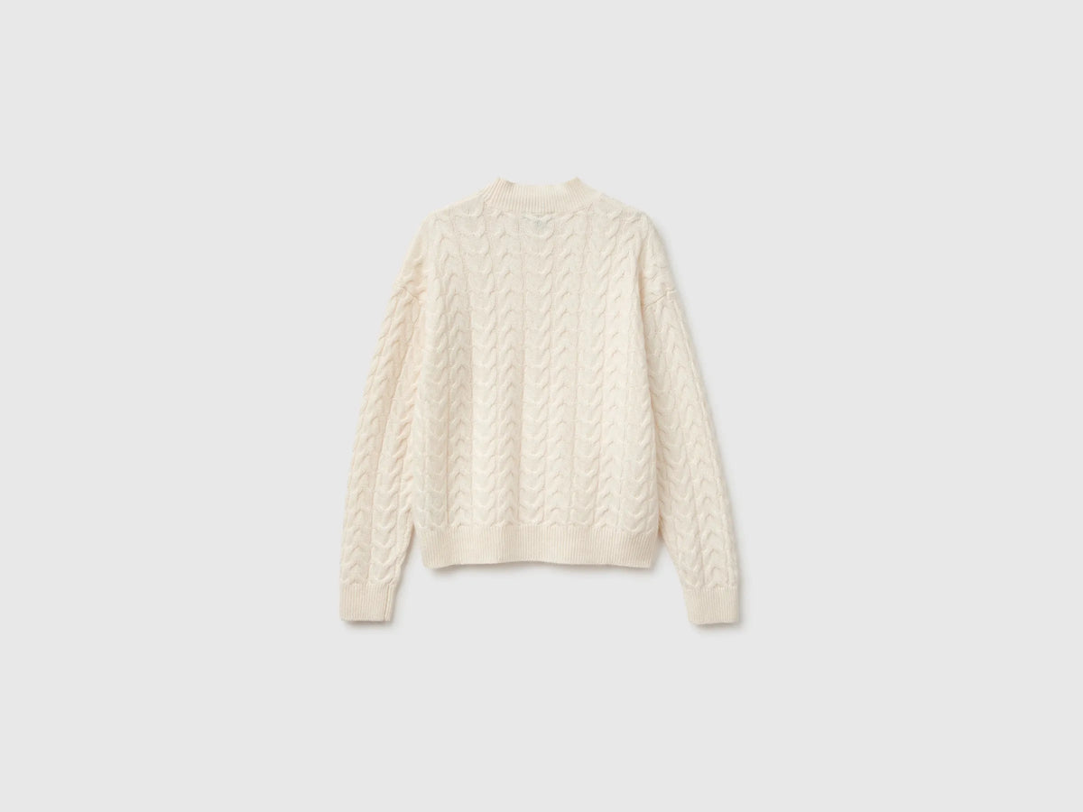 Benetton Creamy White Women Turtleneck Jumper with Cable Knit in a Wool and Cashmere Blend SKU: 1S9ZD204W_000 Image 02