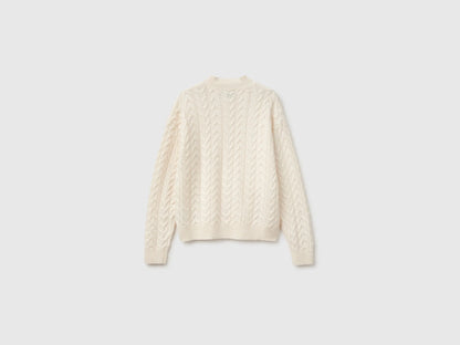 Benetton Creamy White Women Turtleneck Jumper with Cable Knit in a Wool and Cashmere Blend SKU: 1S9ZD204W_000 Image 02