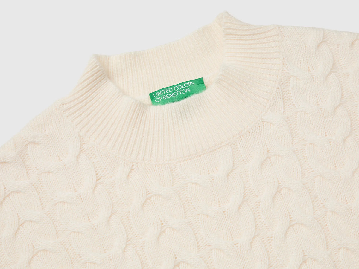 Benetton Creamy White Women Turtleneck Jumper with Cable Knit in a Wool and Cashmere Blend SKU: 1S9ZD204W_000 Image 03