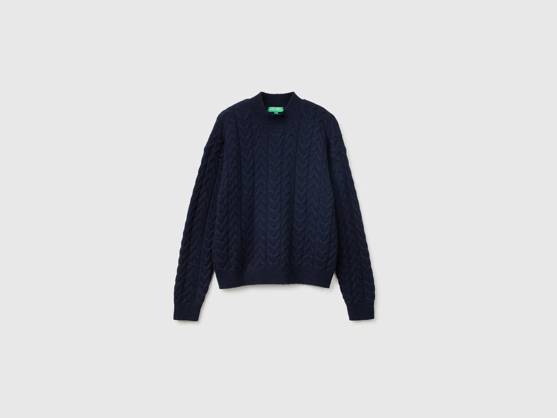 Benetton Dark Blue Women Turtleneck Jumper with Cable Knit in a Wool and Cashmere Blend SKU: 1S9ZD204W_016 Image 01