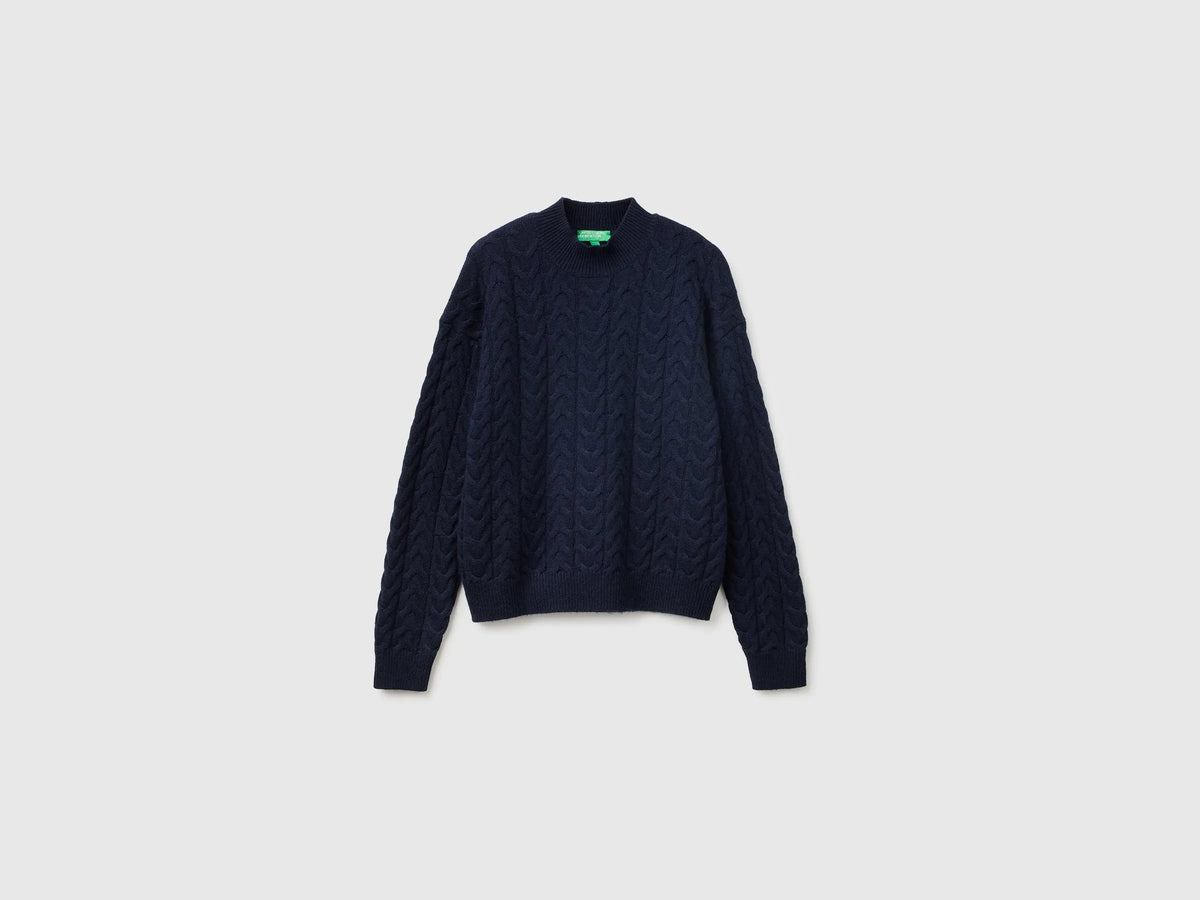 Benetton Dark Blue Women Turtleneck Jumper with Cable Knit in a Wool and Cashmere Blend SKU: 1S9ZD204W_016 Image 01