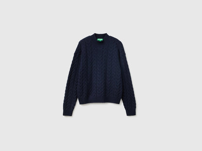 Benetton Dark Blue Women Turtleneck Jumper with Cable Knit in a Wool and Cashmere Blend SKU: 1S9ZD204W_016 Image 01