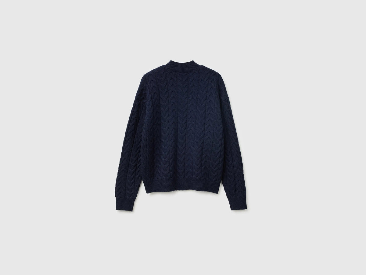 Benetton Dark Blue Women Turtleneck Jumper with Cable Knit in a Wool and Cashmere Blend SKU: 1S9ZD204W_016 Image 02