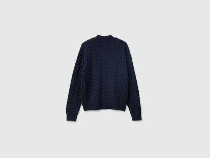 Benetton Dark Blue Women Turtleneck Jumper with Cable Knit in a Wool and Cashmere Blend SKU: 1S9ZD204W_016 Image 02