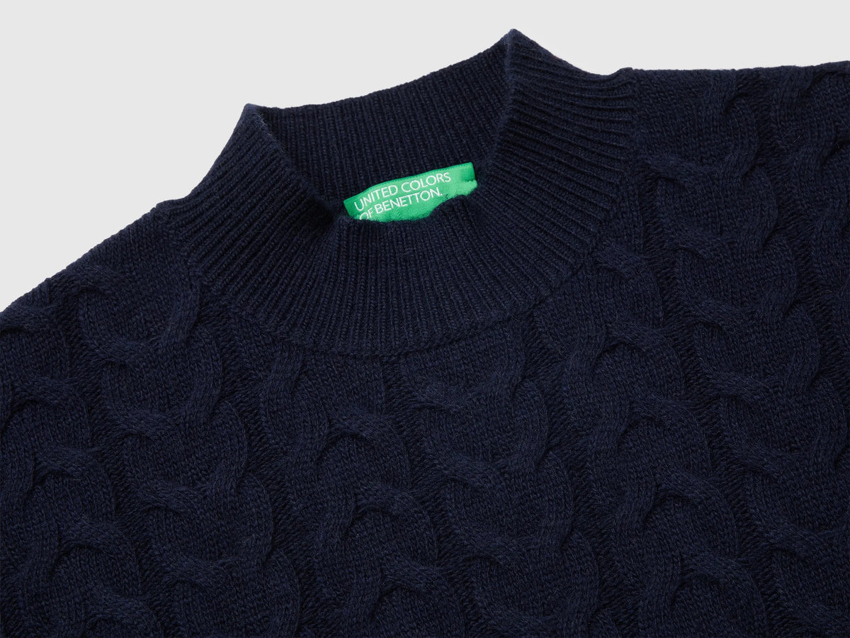 Benetton Dark Blue Women Turtleneck Jumper with Cable Knit in a Wool and Cashmere Blend SKU: 1S9ZD204W_016 Image 03