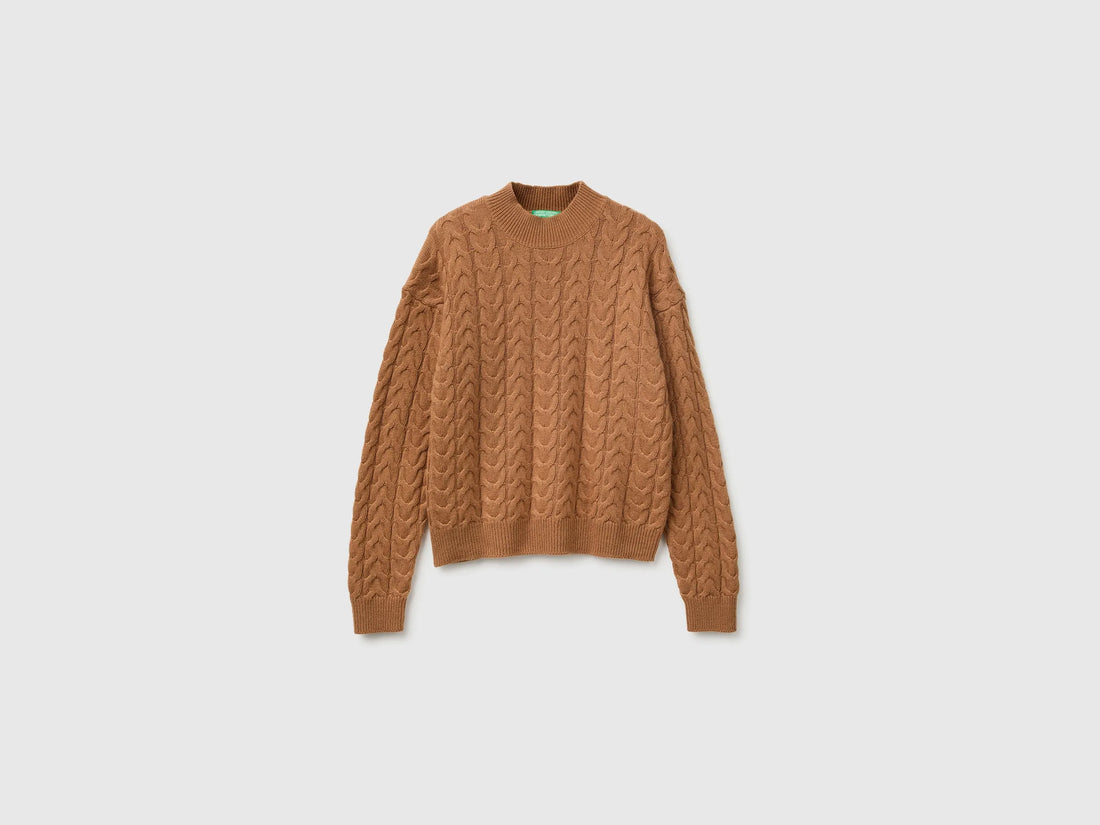 Benetton Camel Women Turtleneck Jumper with Cable Knit in a Wool and Cashmere Blend SKU: 1S9ZD204W_10G Image 01