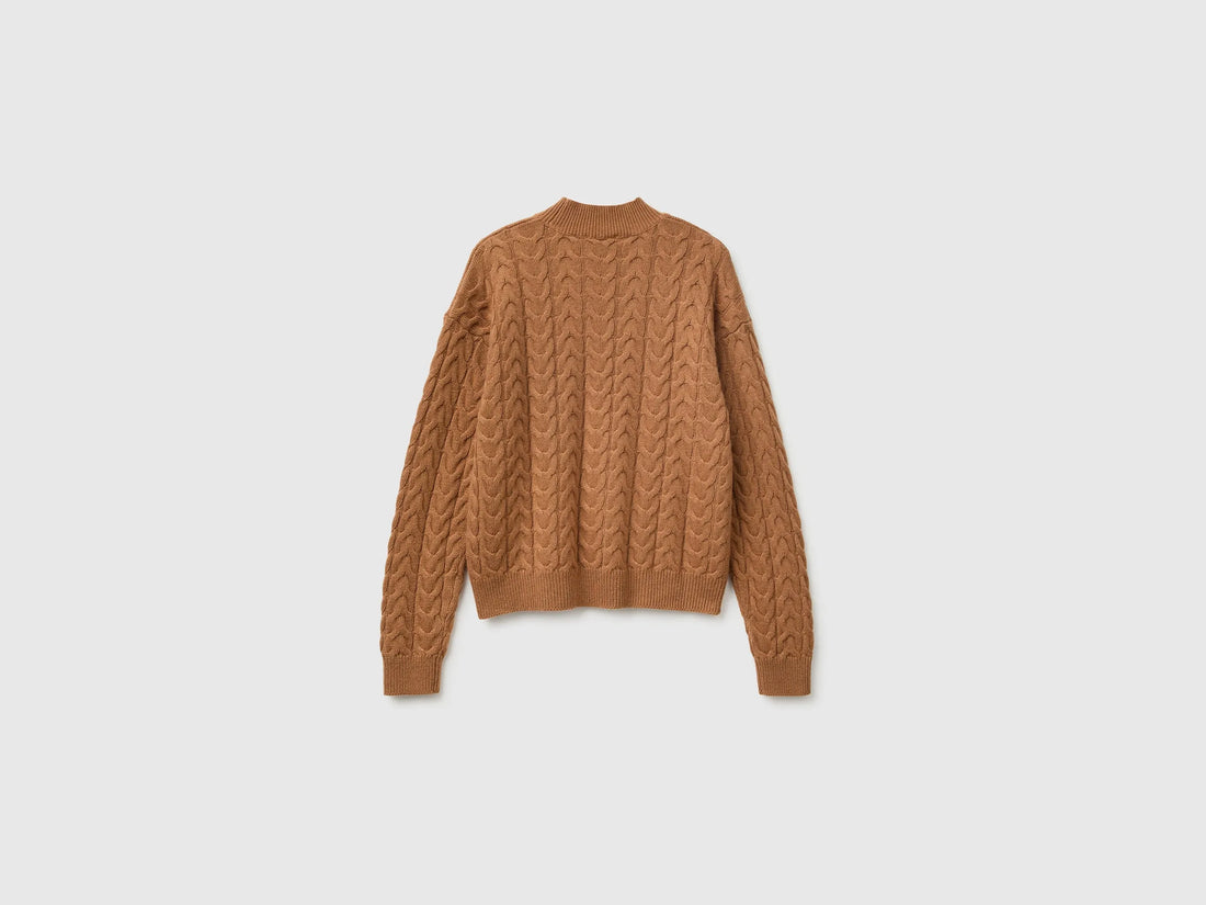Benetton Camel Women Turtleneck Jumper with Cable Knit in a Wool and Cashmere Blend SKU: 1S9ZD204W_10G Image 02