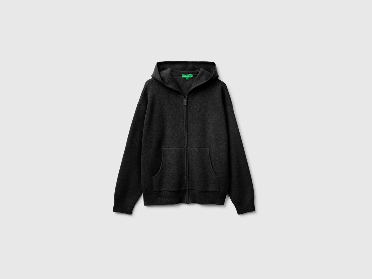 Benetton Black Women Zip-Up Hooded Jumper in a Wool and Cashmere Blend SKU: 1S9ZD502Z_100 Image 01