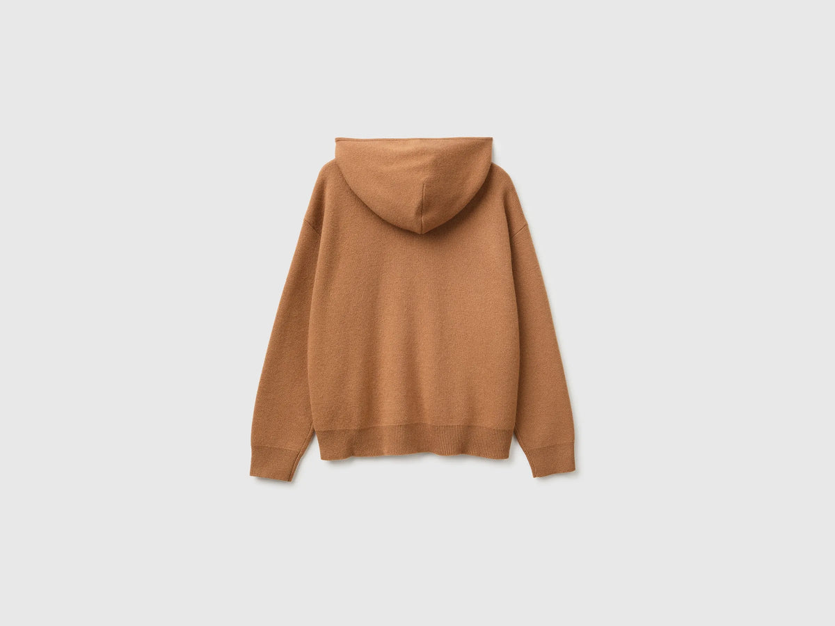 Benetton Camel Women Zip-Up Hooded Jumper in a Wool and Cashmere Blend SKU: 1S9ZD502Z_10G Image 02