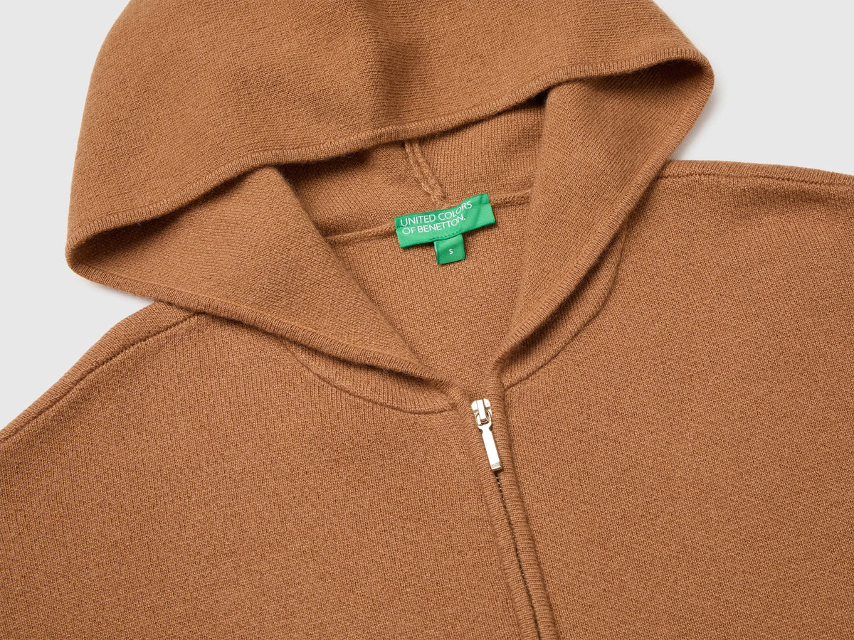 Benetton Camel Women Zip-Up Hooded Jumper in a Wool and Cashmere Blend SKU: 1S9ZD502Z_10G Image 03