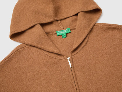 Benetton Camel Women Zip-Up Hooded Jumper in a Wool and Cashmere Blend SKU: 1S9ZD502Z_10G Image 03