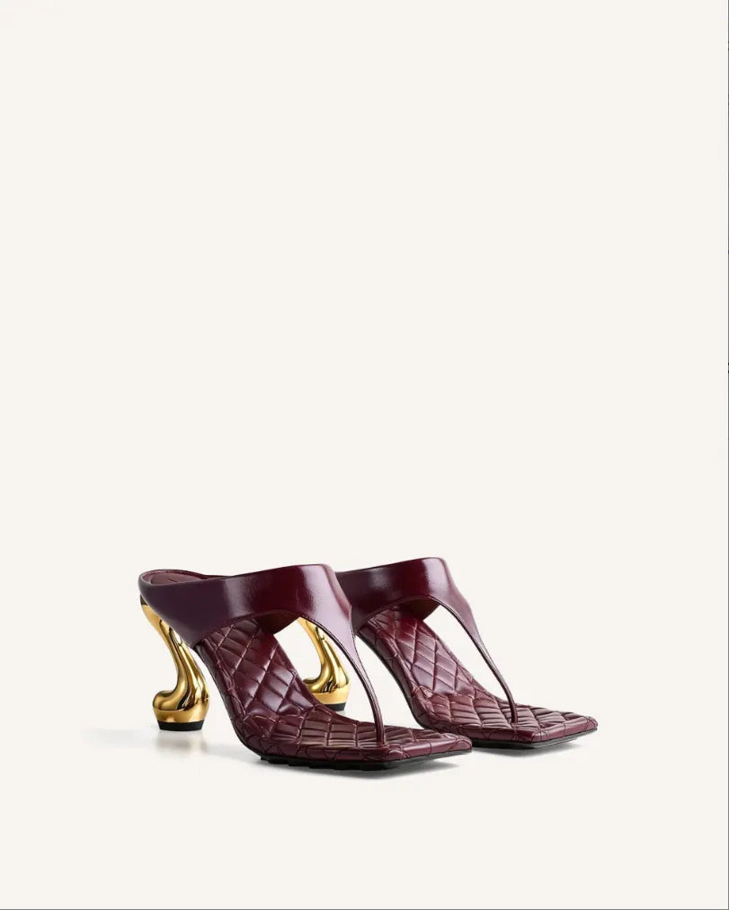 JW PEI Burgundy Women Hannah Quilted Thong Heel Mules  SKU: 1SDS121X005-4_Burgundy Image 01
