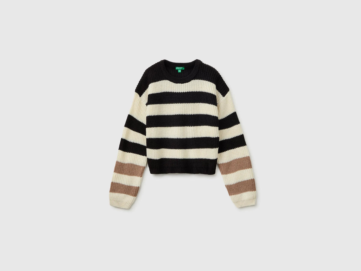 Benetton Black Girls Two-Tone Striped Sweater SKU: 1UWVQ10AF_901 Image 02