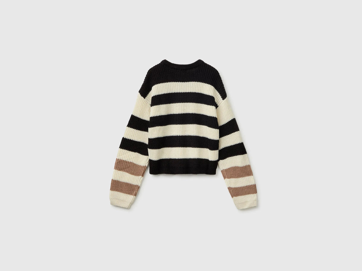 Benetton Black Girls Two-Tone Striped Sweater SKU: 1UWVQ10AF_901 Image 03