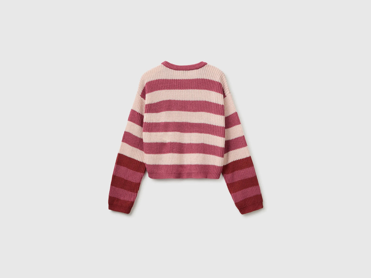 Benetton Fuchsia Girls Two-Tone Striped Sweater SKU: 1UWVQ10AF_903 Image 02