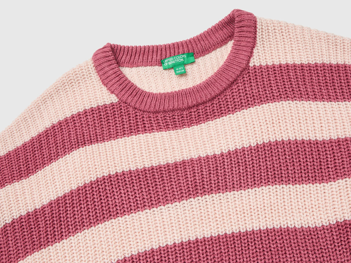 Benetton Fuchsia Girls Two-Tone Striped Sweater SKU: 1UWVQ10AF_903 Image 03