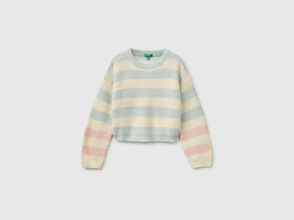 Benetton Soft Pink Girls Two-Tone Striped Sweater SKU: 1UWVQ10AF_904 Image 01