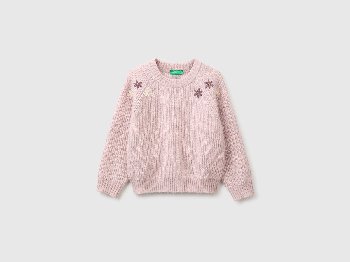 Benetton Pink Girls Wool Blend Sweater with Embroidered Flowers SKU: 1VCPG101D_197 Image 01