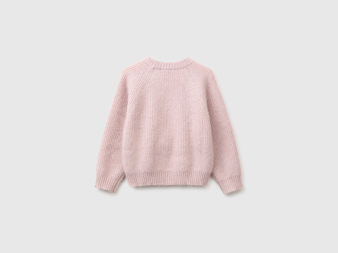 Benetton Pink Girls Wool Blend Sweater with Embroidered Flowers SKU: 1VCPG101D_197 Image 02