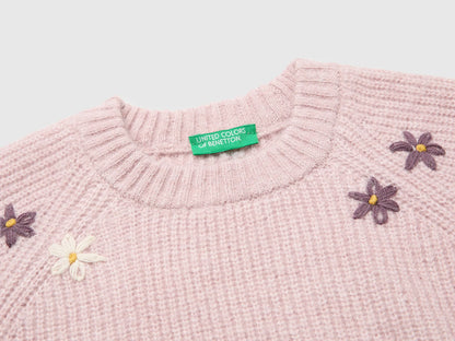 Benetton Pink Girls Wool Blend Sweater with Embroidered Flowers SKU: 1VCPG101D_197 Image 03