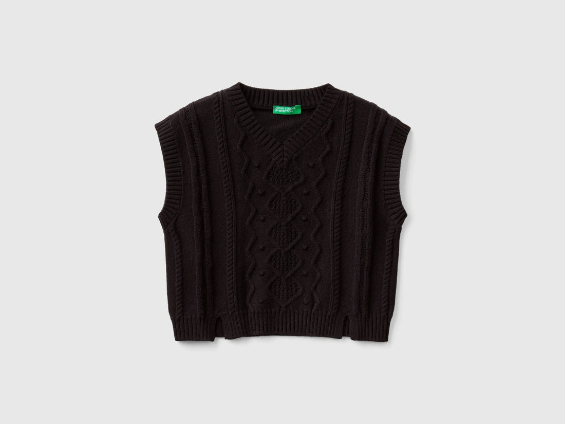 Benetton Black Girls Knit Vest SKU: 1WUAC400I_100 Image 01