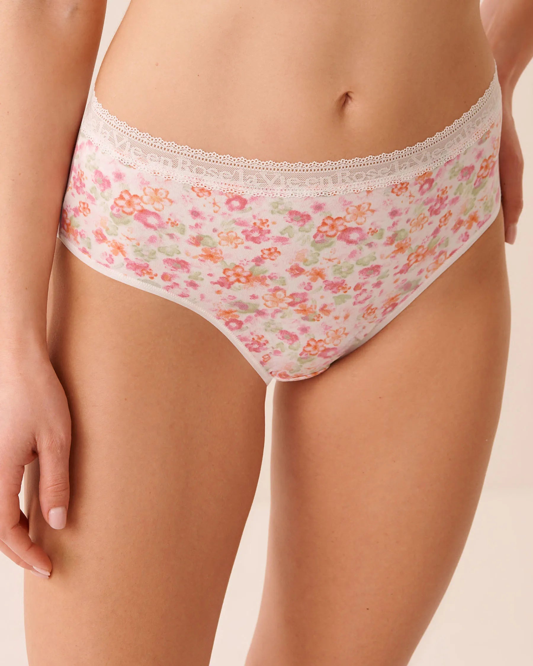 La Vie en Rose Watercolor Floral Women Super Soft Lace Trim High Waist Bikini Panty SKU: 20100755_P10605 Image 01