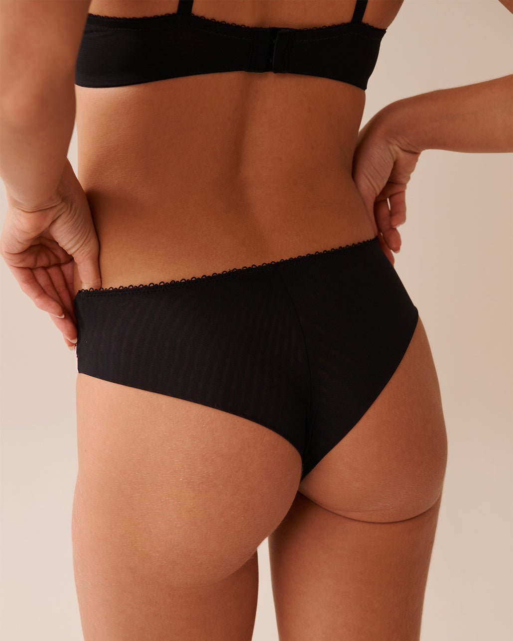 La Vie en Rose_Pink &amp; Black Flowers_Embroidered Mesh Cheeky Panty_20300418_P00434_02