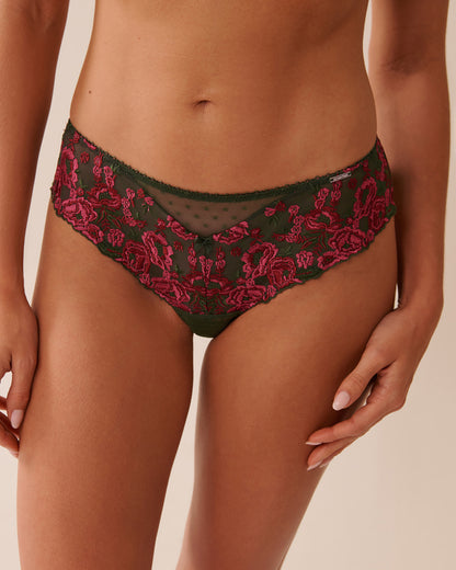 La Vie en Rose_Green &amp; Pink Floral_Embroidered Mesh Cheeky Panty_20300418_P30125_02