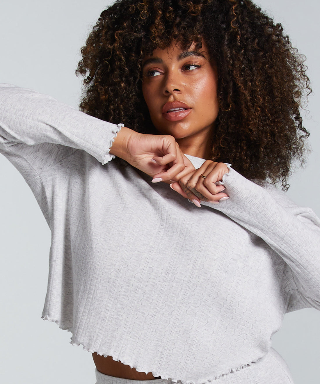 Hunkemoller_Pointelle Long-Sleeved Pyjama Top_204798_Oatmeal Melange_01