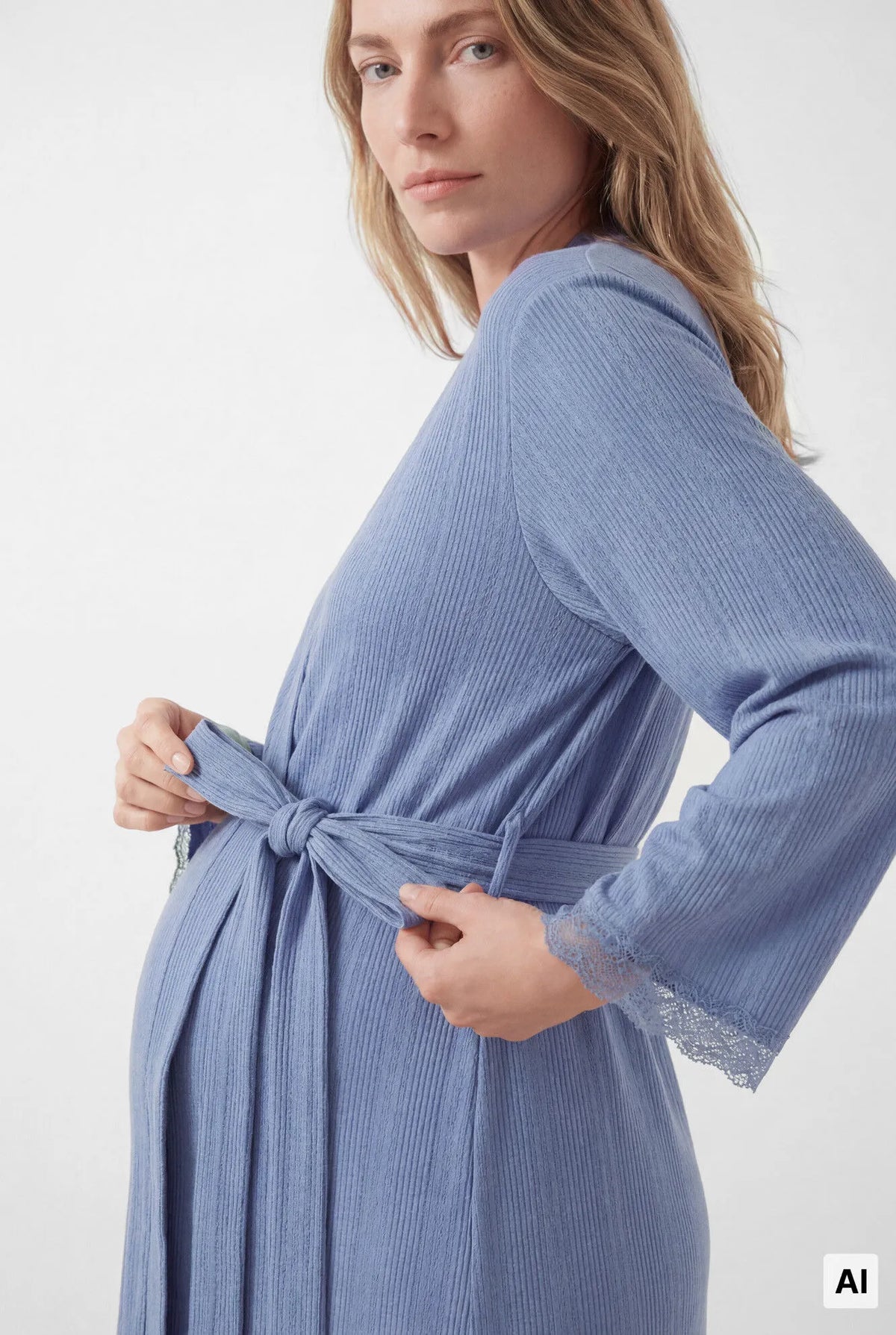 Women Secret Medium Blue Women Blue Lace Sleeve Midi Robe with Belt SKU: 2174165_15 Image 01
