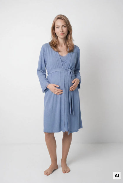 Women Secret Medium Blue Women Blue Lace Sleeve Midi Robe with Belt SKU: 2174165_15 Image 02