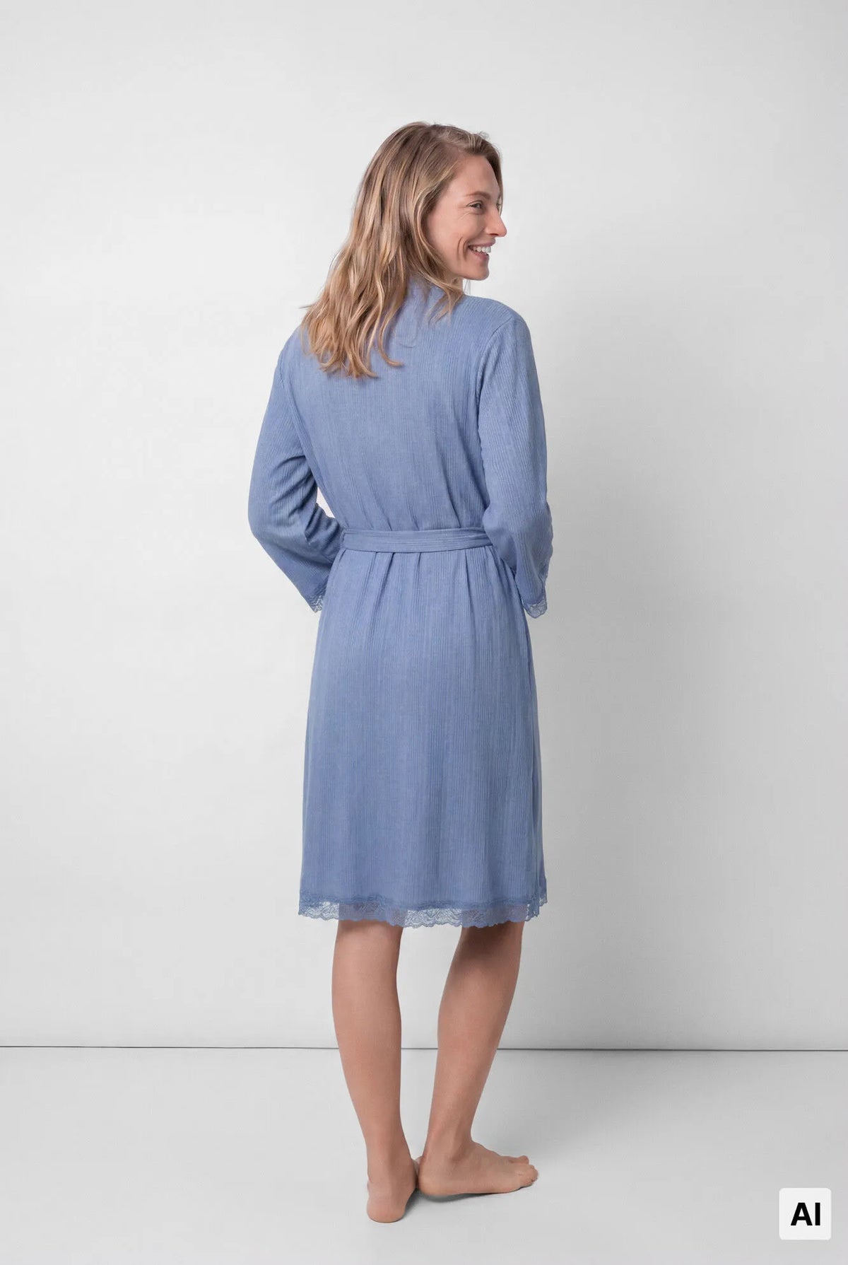 Women Secret Medium Blue Women Blue Lace Sleeve Midi Robe with Belt SKU: 2174165_15 Image 03