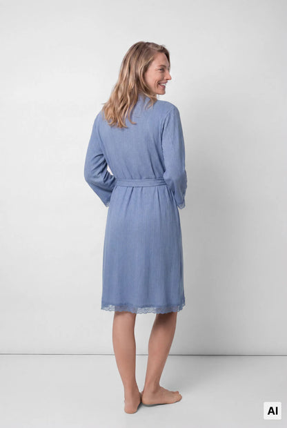 Women Secret Medium Blue Women Blue Lace Sleeve Midi Robe with Belt SKU: 2174165_15 Image 03