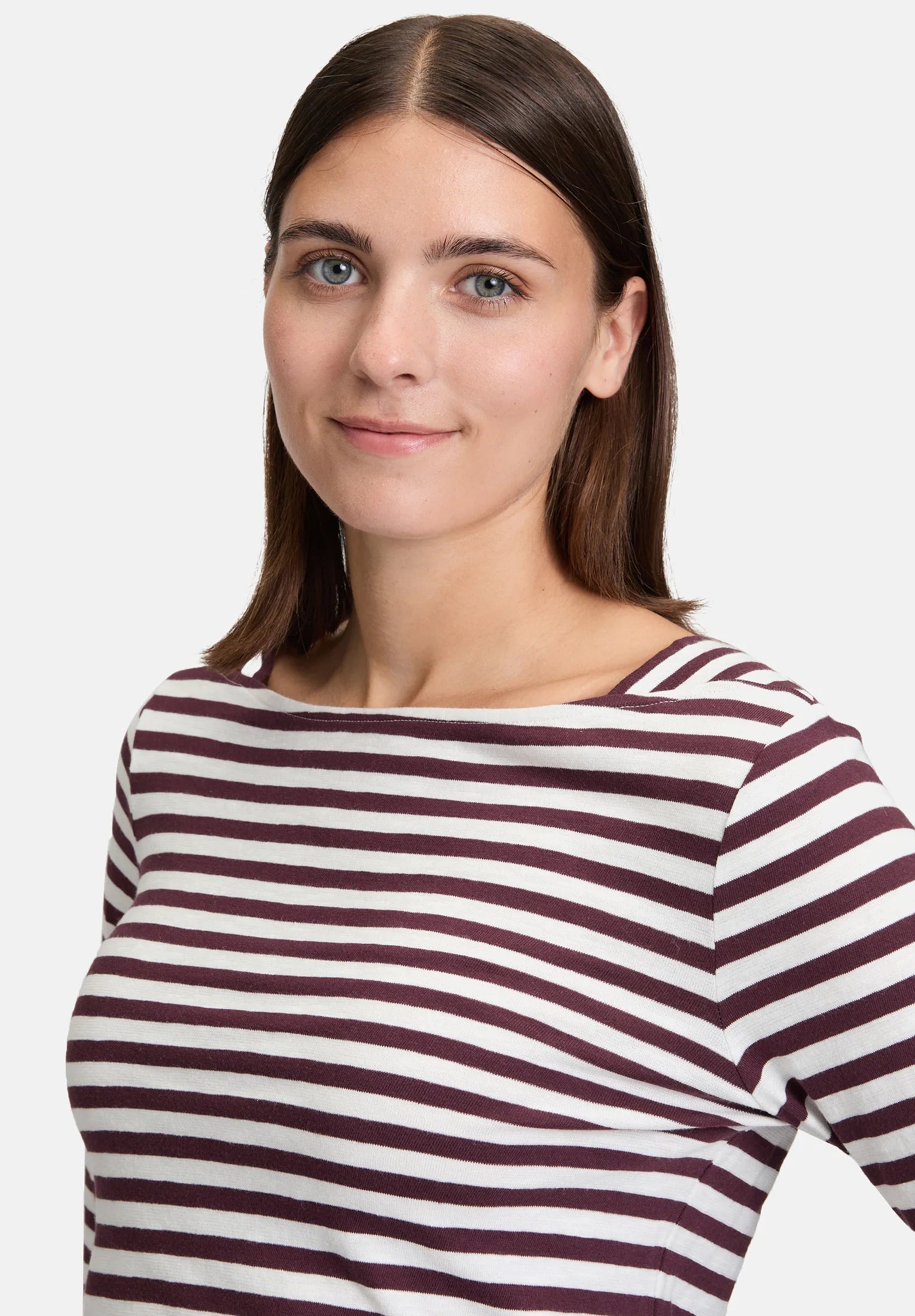 Betty Barclay_Cream/Dark Red_Striped Shirt with Boat Neck_2313-3146_1847_06