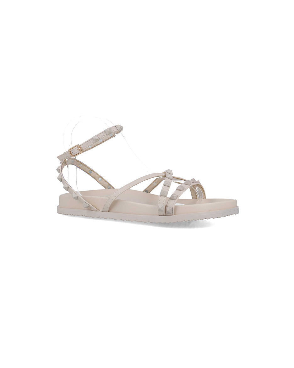 Beige Flat Sandals With Studded Straps_24898_06_02