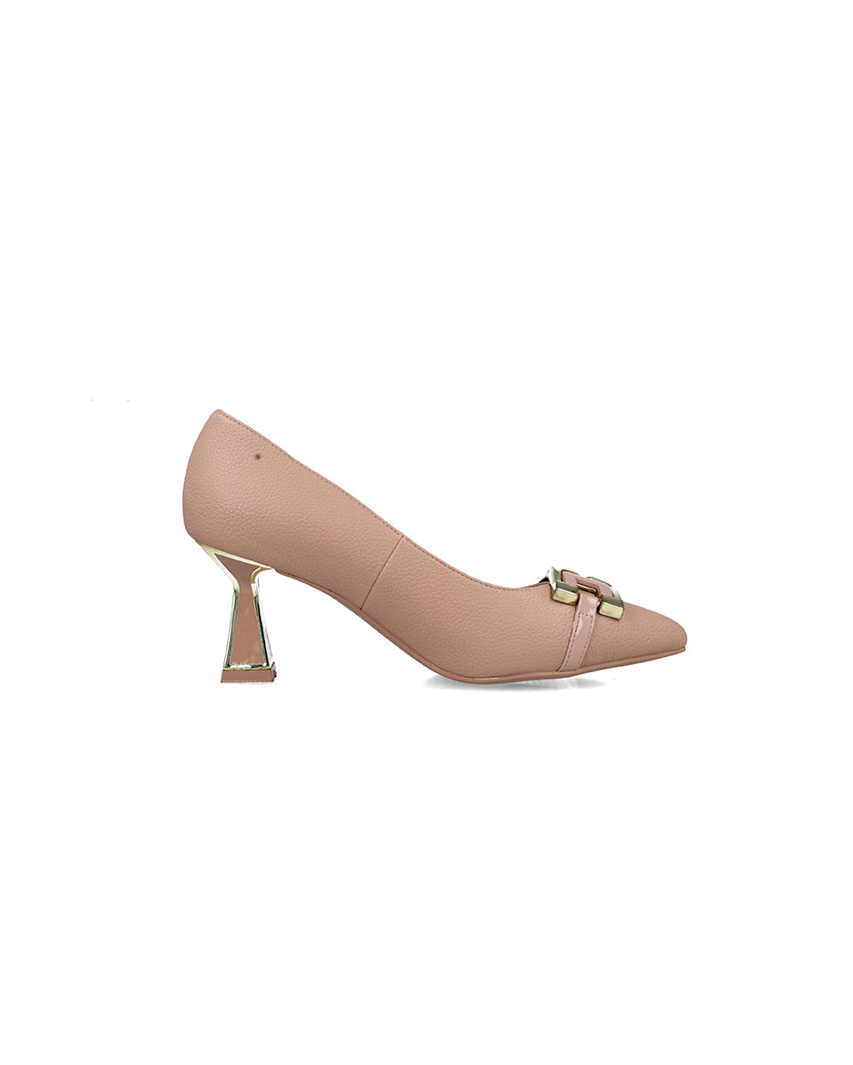 Pink Pumps With Gold Buckle And Embellished Heel_24936_97_01