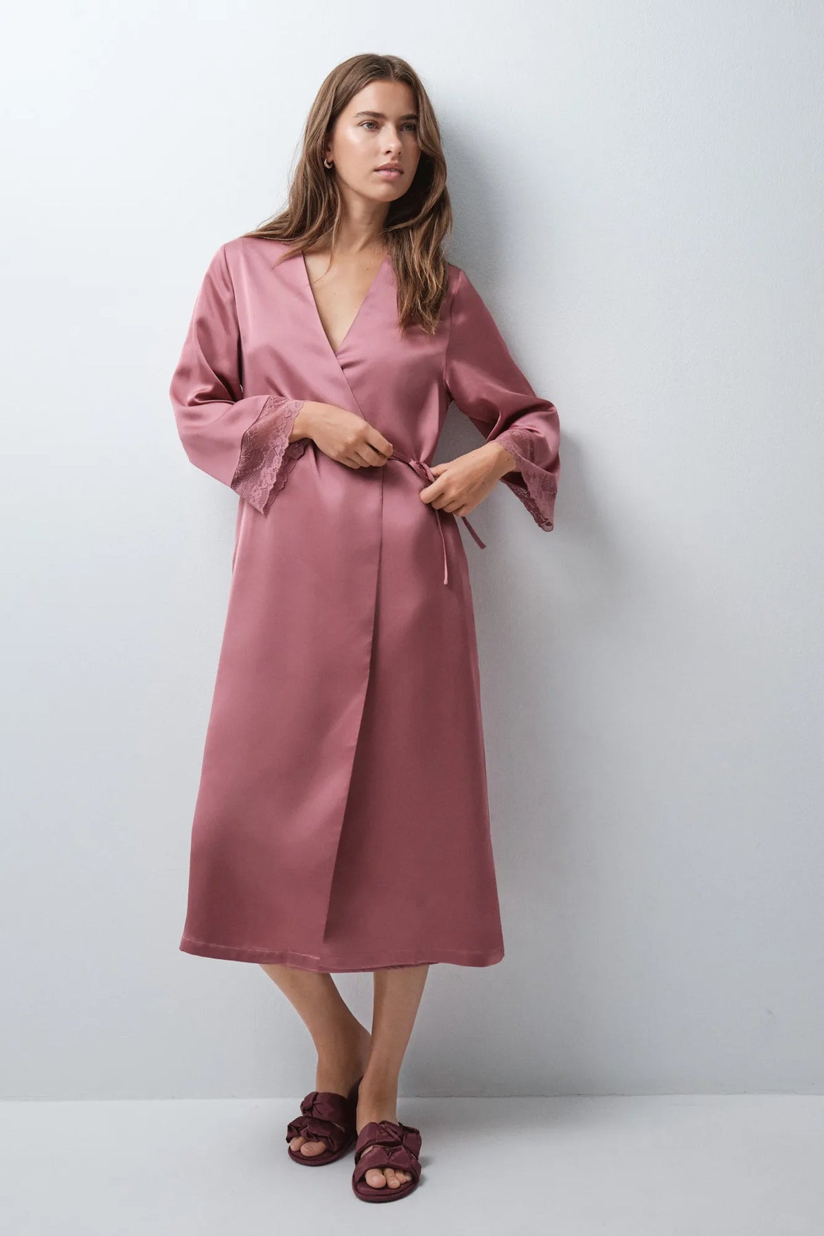 Women Secret Pink Women Satin-Finish Long Robe with Lace Details SKU: 2534023_72 Image 01