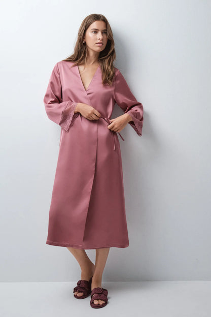 Women Secret Pink Women Satin-Finish Long Robe with Lace Details SKU: 2534023_72 Image 01