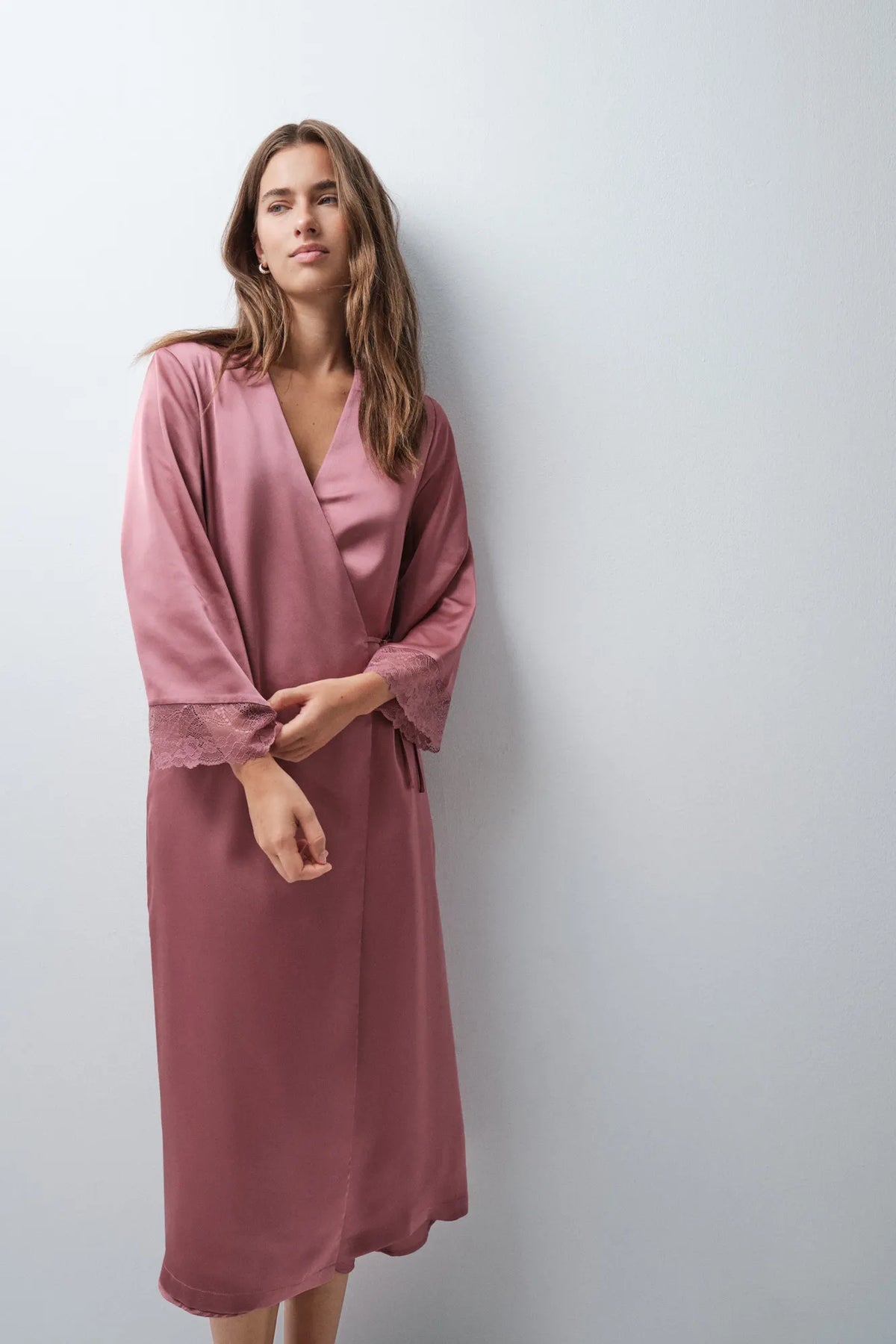 Women Secret Pink Women Satin-Finish Long Robe with Lace Details SKU: 2534023_72 Image 02
