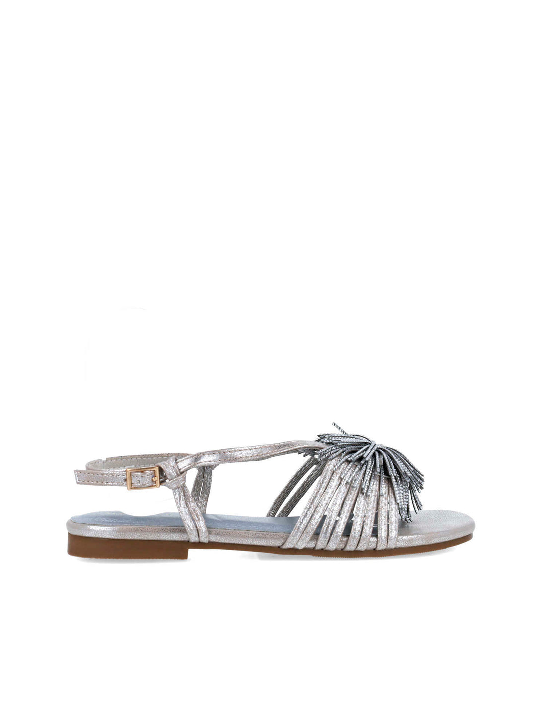 Silver Flat Sandals With Fringe Piece_25414_09_01