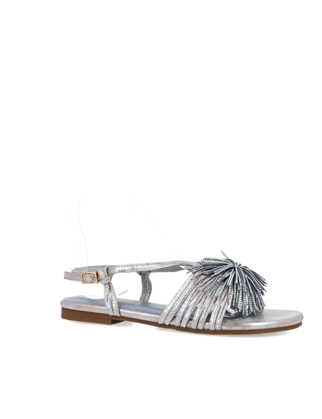 Silver Flat Sandals With Fringe Piece_25414_09_02