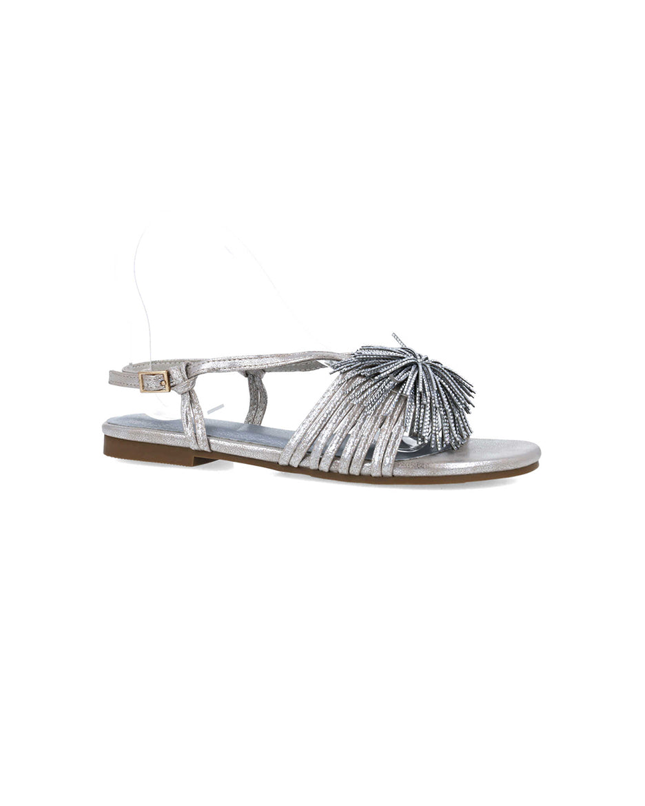 Silver Flat Sandals With Fringe Piece_25414_09_02