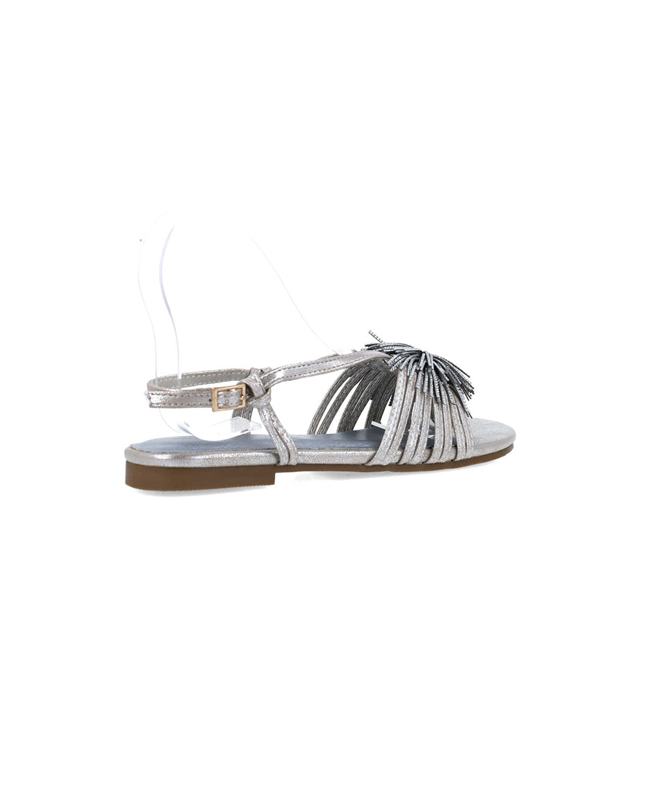 Silver Flat Sandals With Fringe Piece_25414_09_03