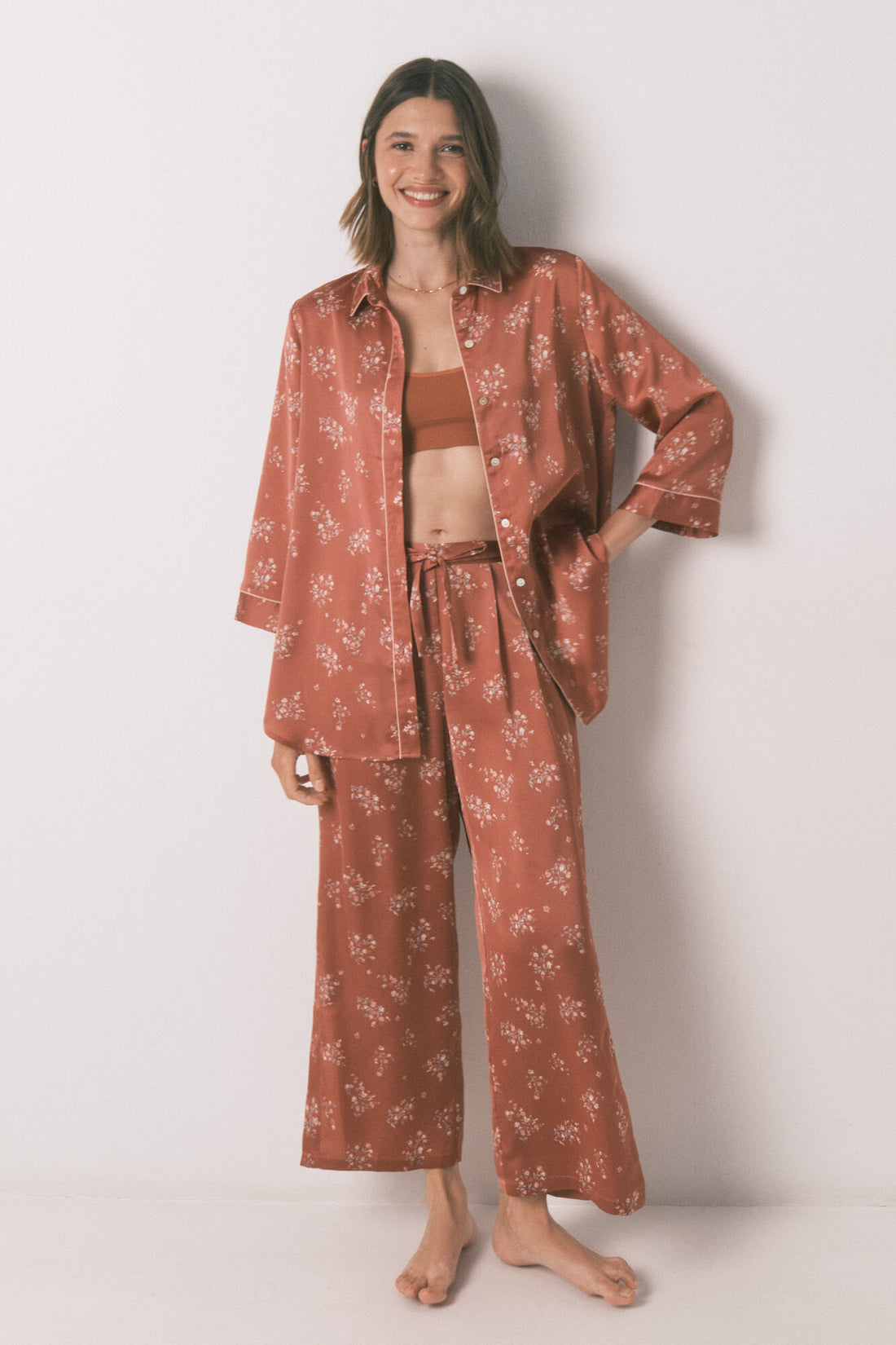 Women Secret_Pink_Long Orange Satin Pajama Shirt_2542463_71_01
