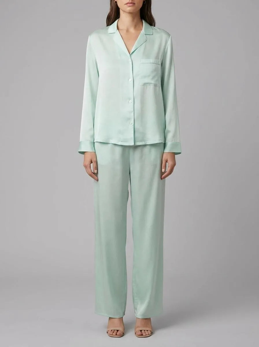 Women Secret Green Women Green Satin Classic Long Pyjamas SKU: 2543704_22 Image 00