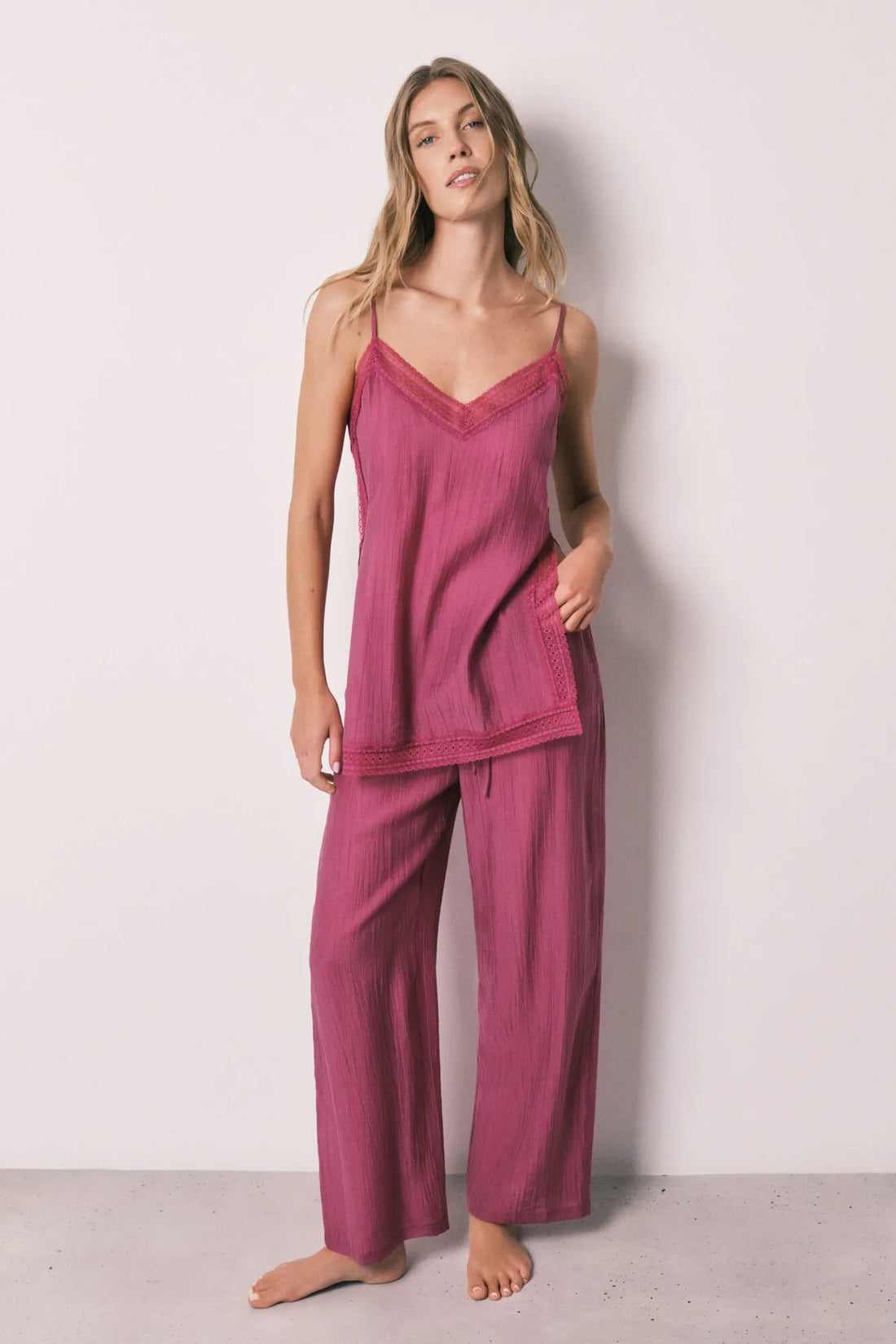 Women Secret Pink Women Satin-Finish Lace Strap Long Pyjamas SKU: 2543716_73 Image 01