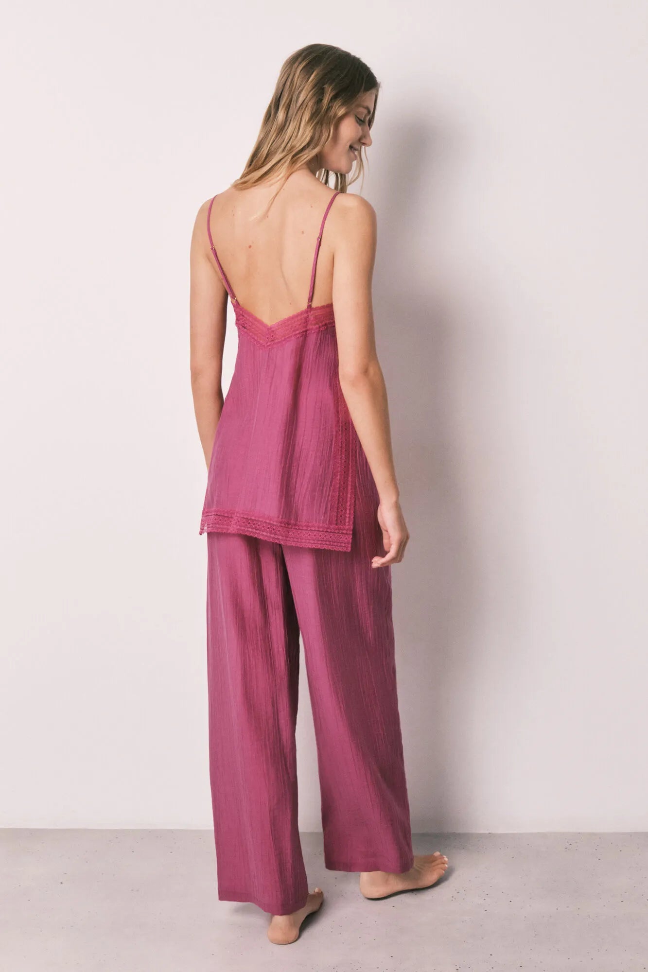 Women Secret Pink Women Satin-Finish Lace Strap Long Pyjamas SKU: 2543716_73 Image 05