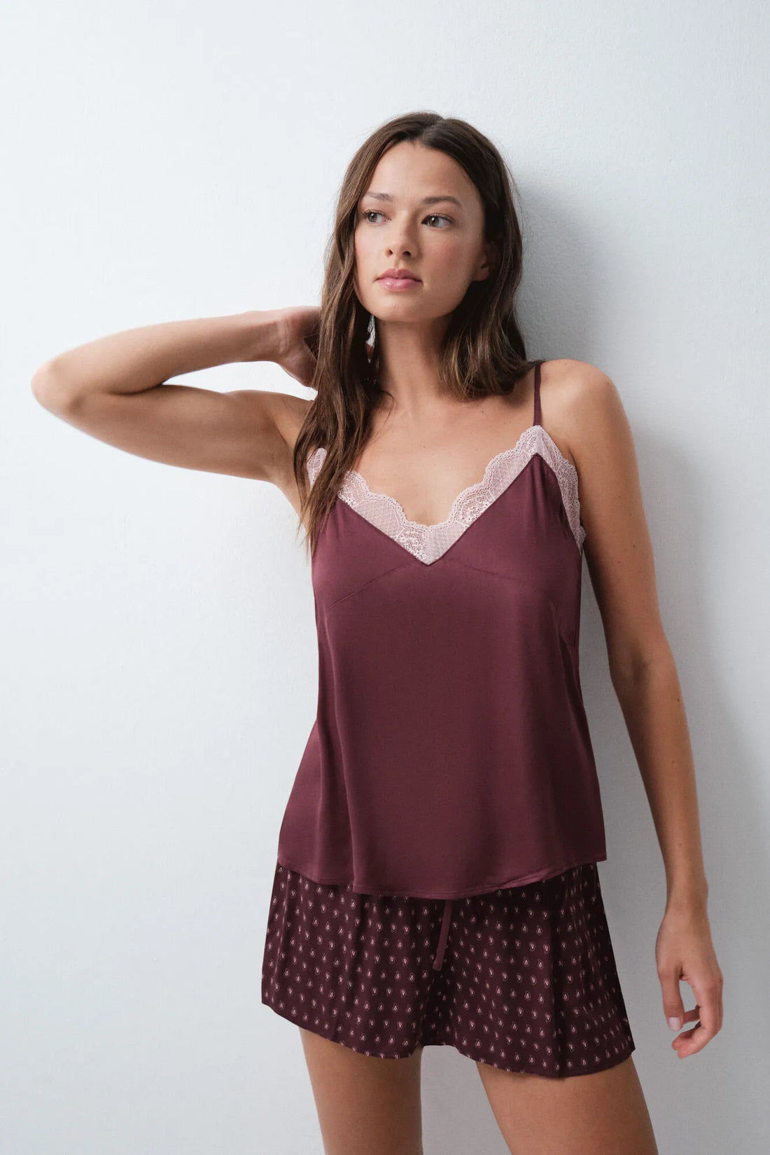 Women Secret Wine Women Burgundy Lace Strap Short Pyjamas SKU: 2544857_68 Image 02
