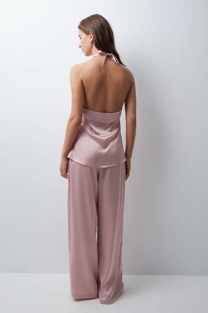 Women Secret Pink Women Satin-Finish Halterneck Long Pyjamas SKU: 2544869_71 Image 03